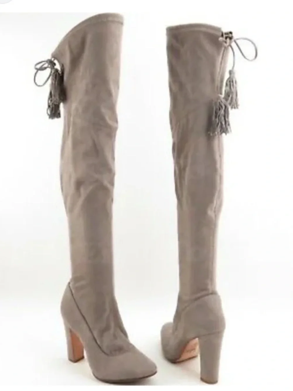 Shutz Over-the-Knee Suede Block Heel Boots in Taupe 7.5 B tassels